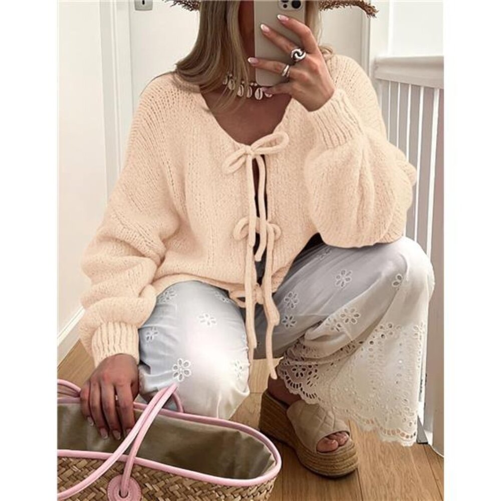 NEW Women's Tie Front Bow Cardigan Sweaters Chunky Knit Long Puff Sleeve Trendy - Picture 6 of 6